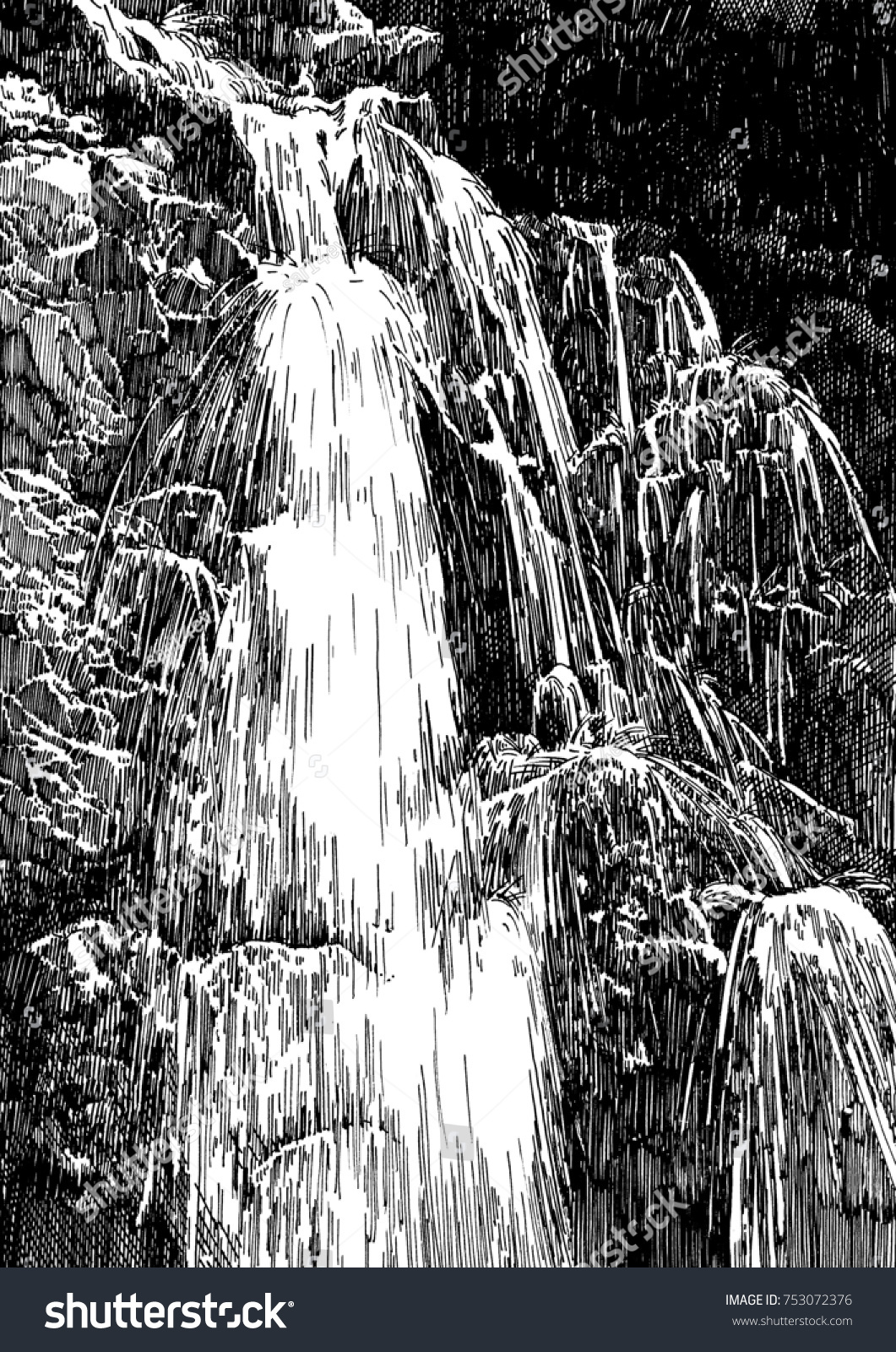 Waterfall Black White Dashed Engraving Style Stock Illustration ...