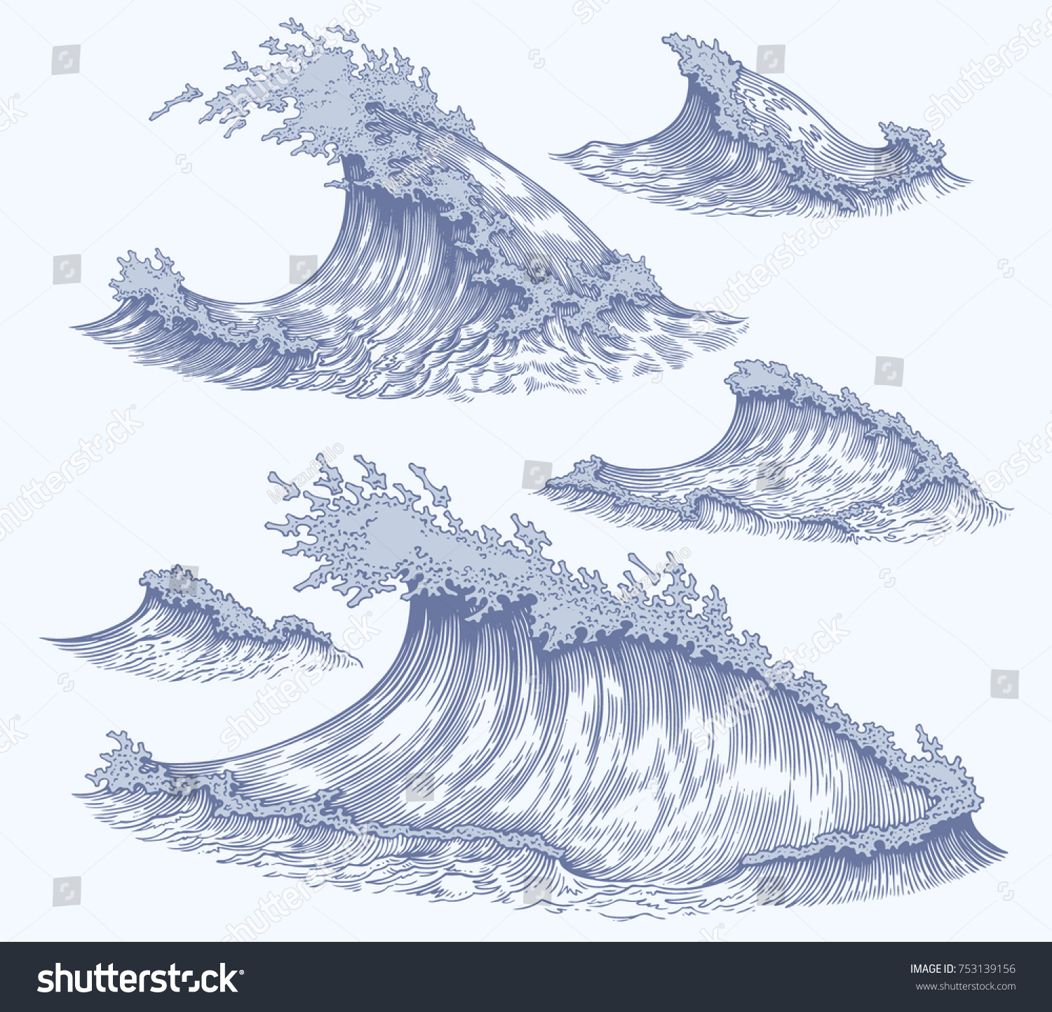 Sea Waves Design Set Hand Drawn Stock Vector (Royalty Free) 753139156 ...