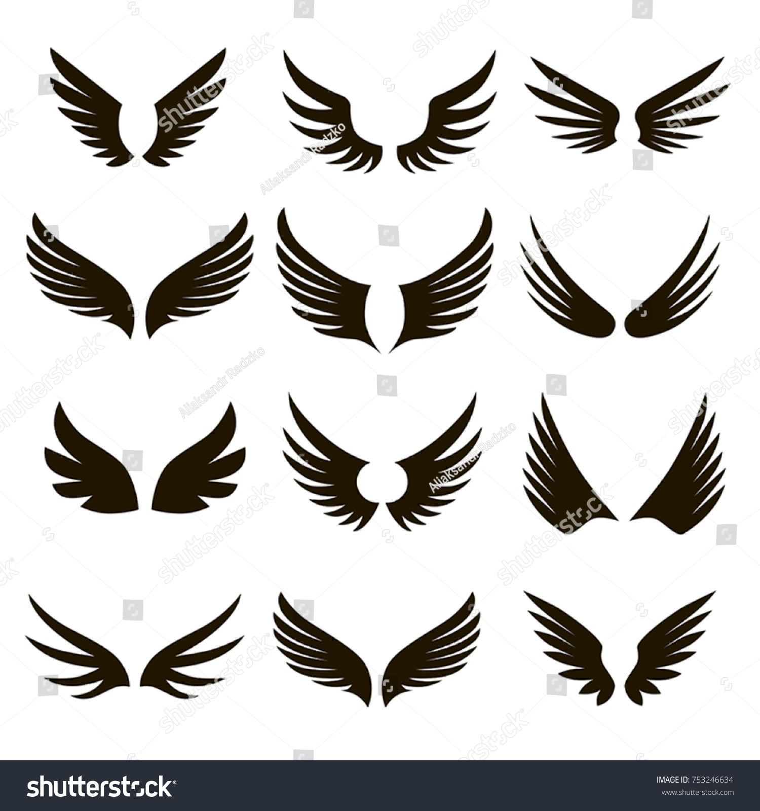 Set 12 Pairs Black Vector Wings Stock Vector (Royalty Free) 753246634 ...