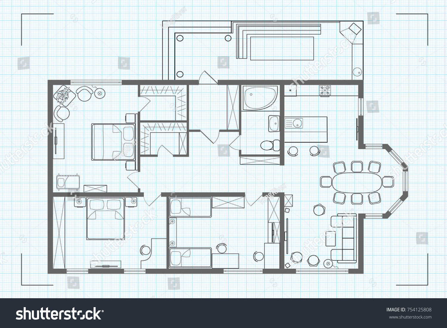 Architectural Floor Plan House Kitchen Sleeping Stock Vector (Royalty ...