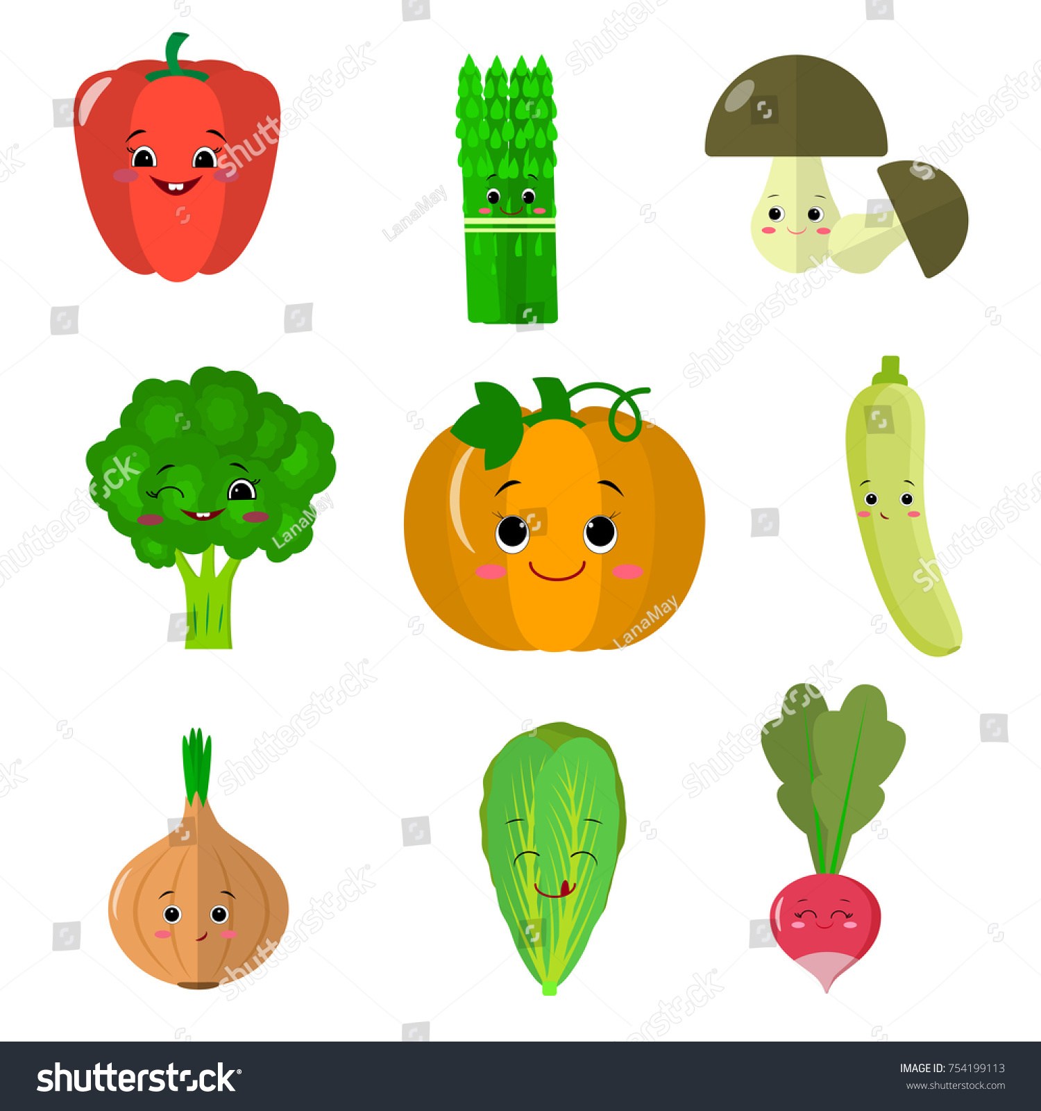 Cute Cartoon Vegetable Smiles Characters Set Stock Illustration 