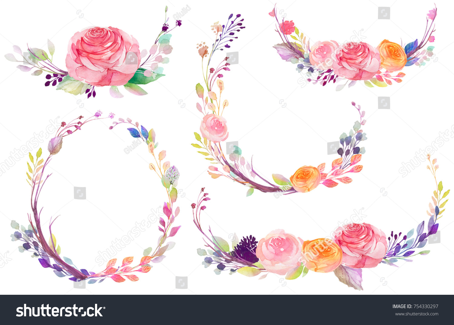 Set Watercolor Flowers Leaves Branches Isolated Stock Illustration ...