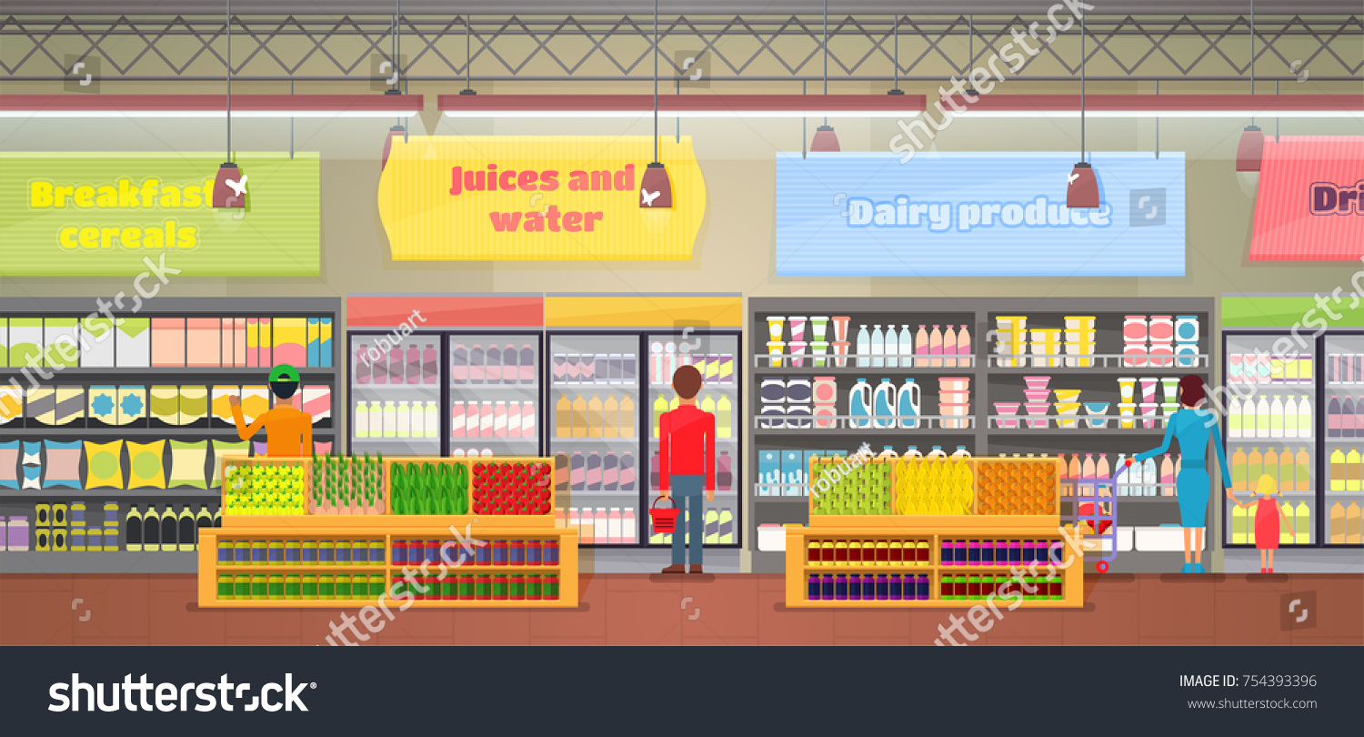 Supermarket Interior People Breakfast Cereals Water Stock Vector ...