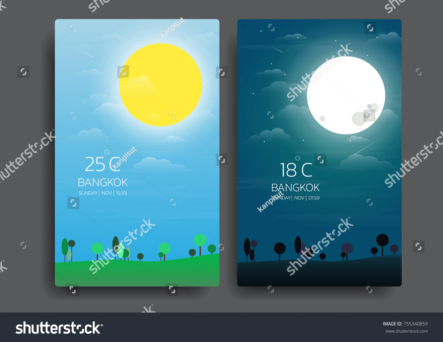 Day Night Landscape Illustration Sunmoonhillsstarcloudsweather Appuser ...