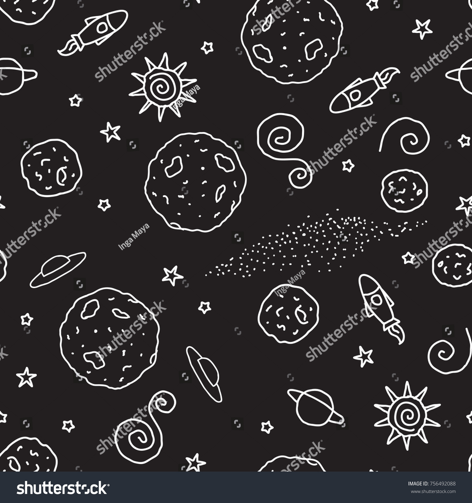 Black White Space Doodle Seamless Pattern Stock Vector (Royalty Free ...