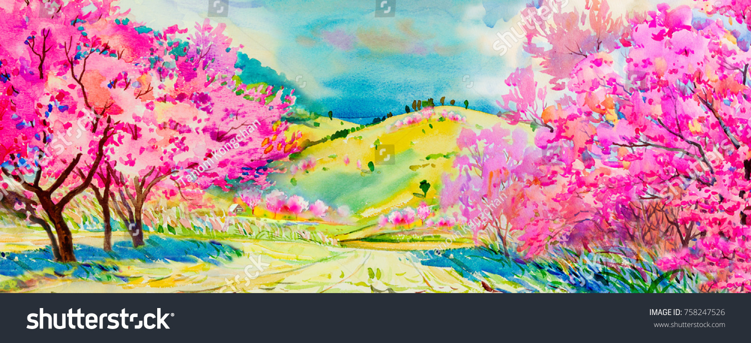 Painting watercolor landscape pink colors of Wild Himalayan cherry bright flowers and home, mountain hill in the spring season. Hand painted wallpaper, blue sky, cloud background, beauty nature, winter season.