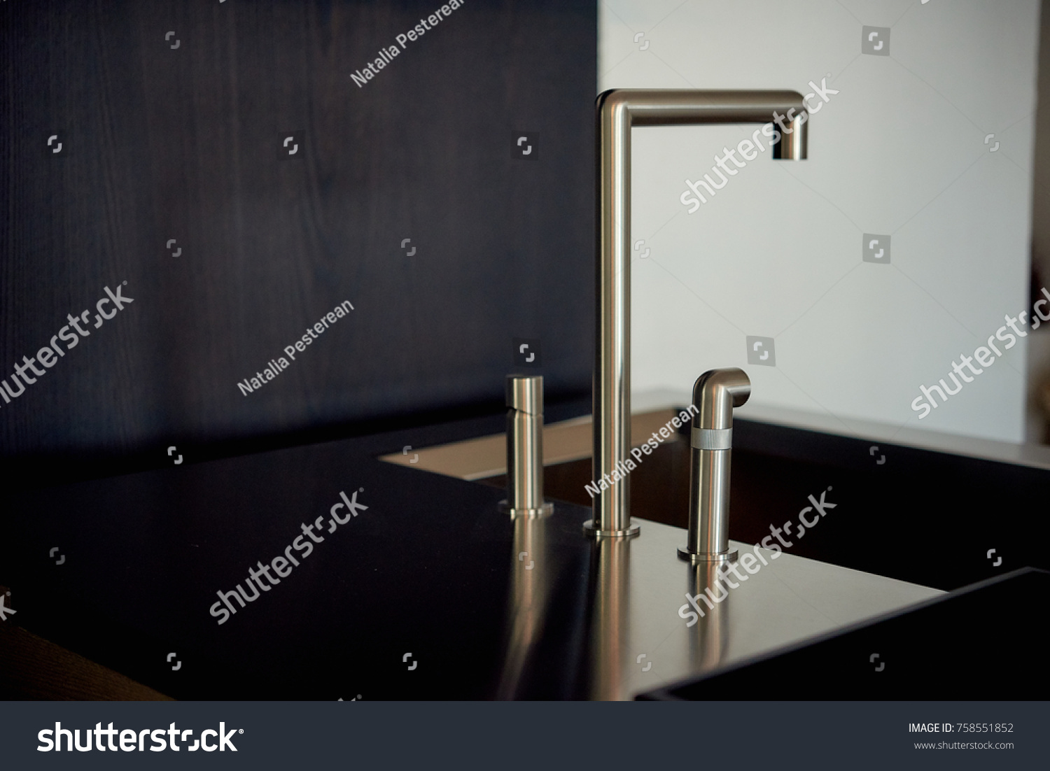 Modern Kitchen Interior Bronze Mixer Tap Stock Photo 758551852   Stock Photo Modern Kitchen Interior Bronze Mixer Tap On Glossy Black Table Top 758551852 