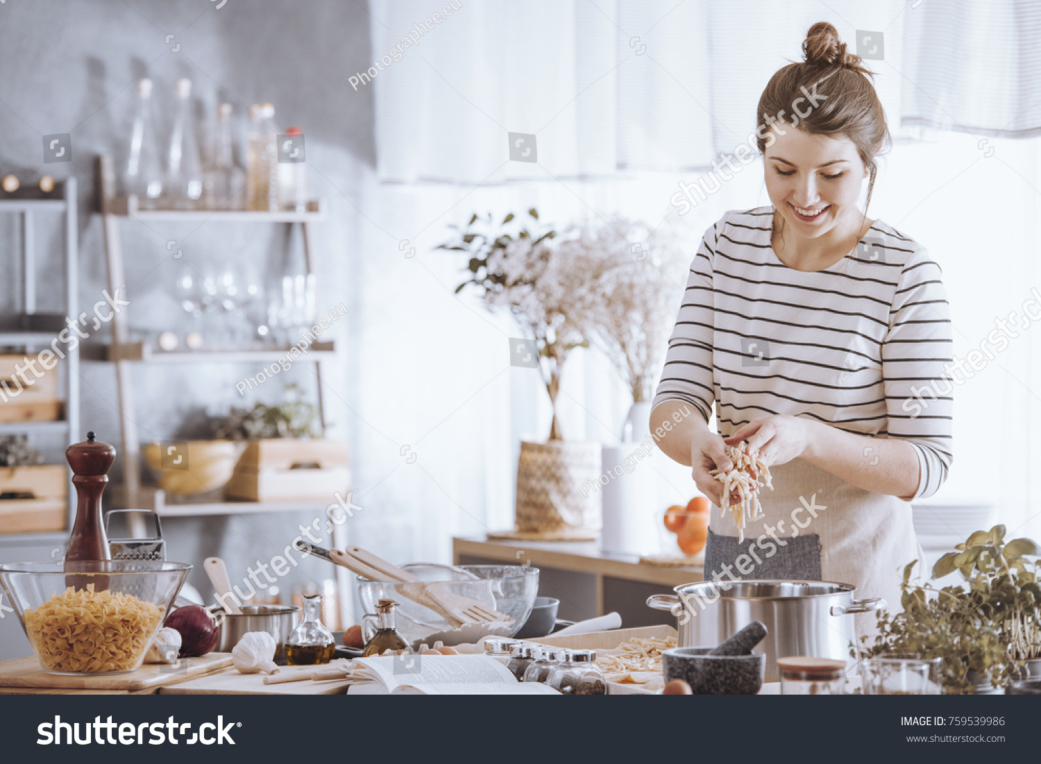 Smiling Young Woman Adding Noodles Pot Stock Photo 759539986 | Shutterstock