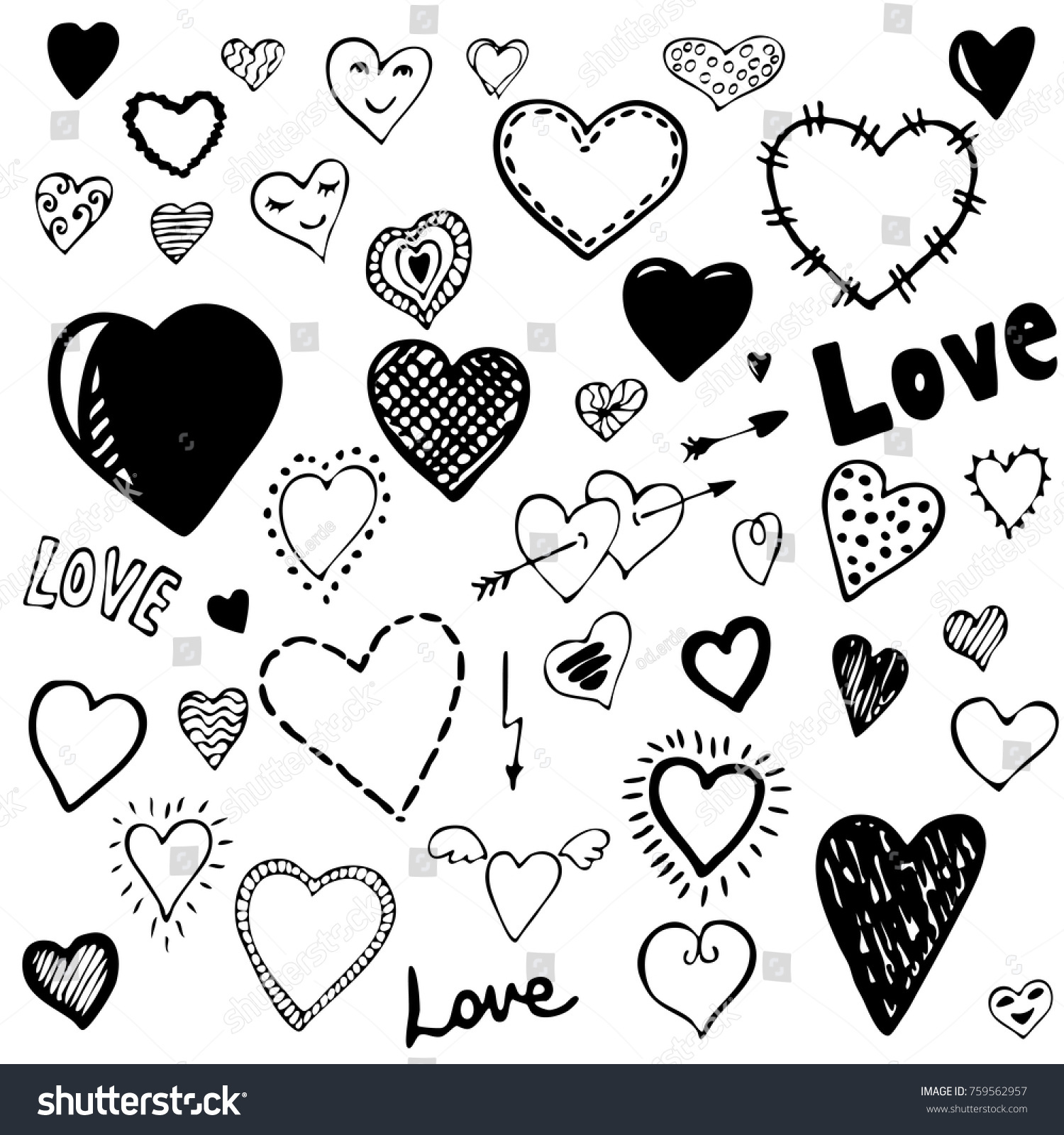 Set Heart Doodles Hand Drawn Vector Stock Vector (Royalty Free ...