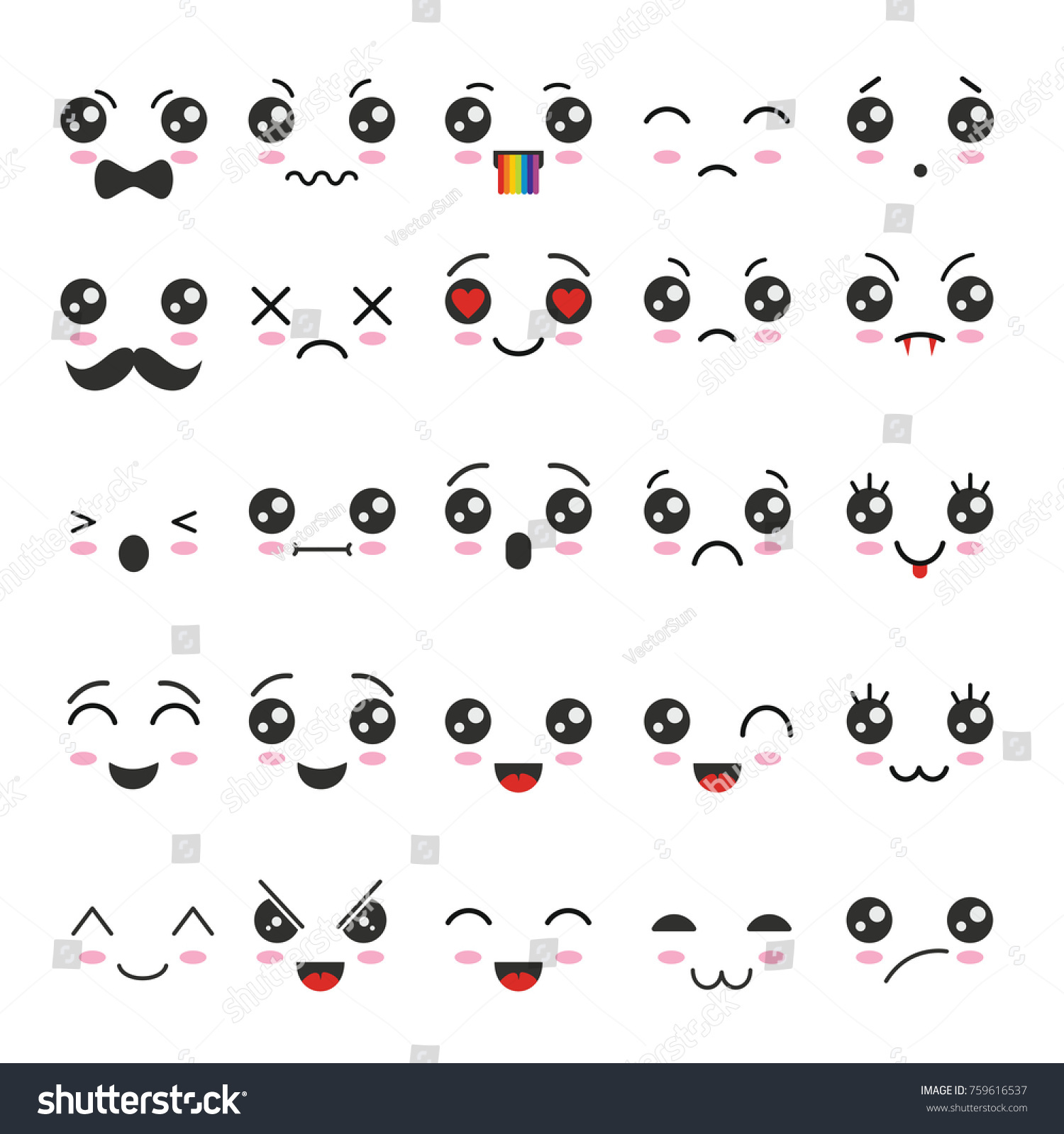 Cartoon Kawaii Eyes Mouths Cute Emoticon Stock Vector (Royalty Free) 759616...