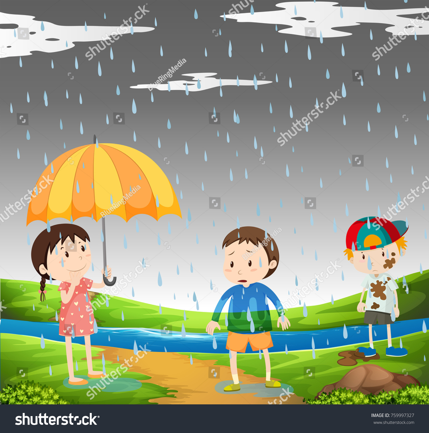 Three Kids Rain Illustration Stock Vector (Royalty Free) 759997327 ...