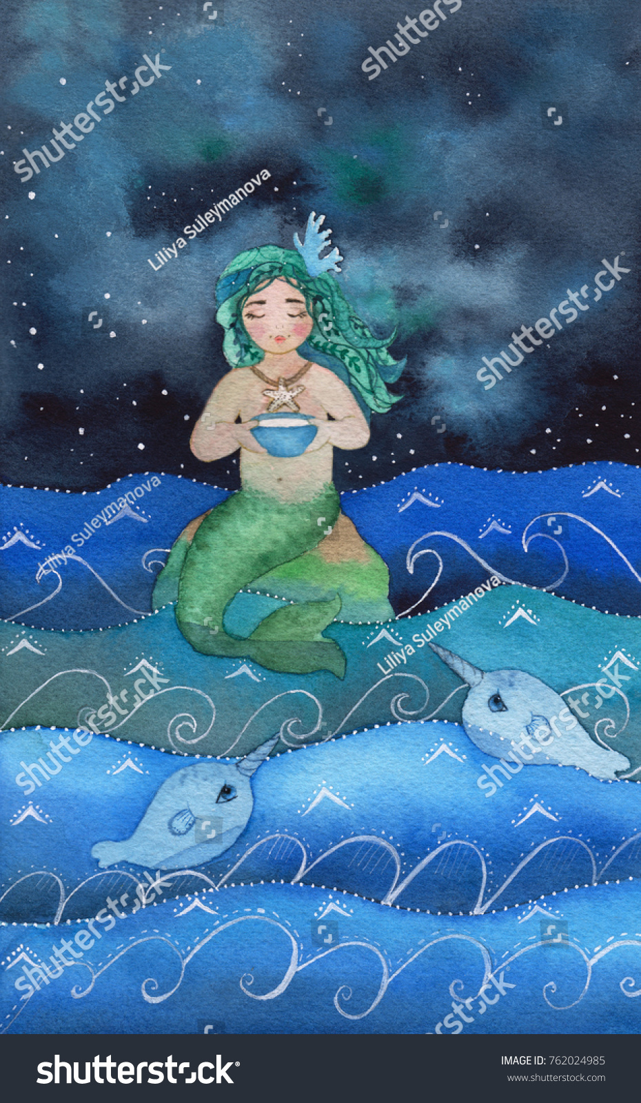 Watercolor Mermaid Feeding Her Narwhals Stock Illustration Shutterstock