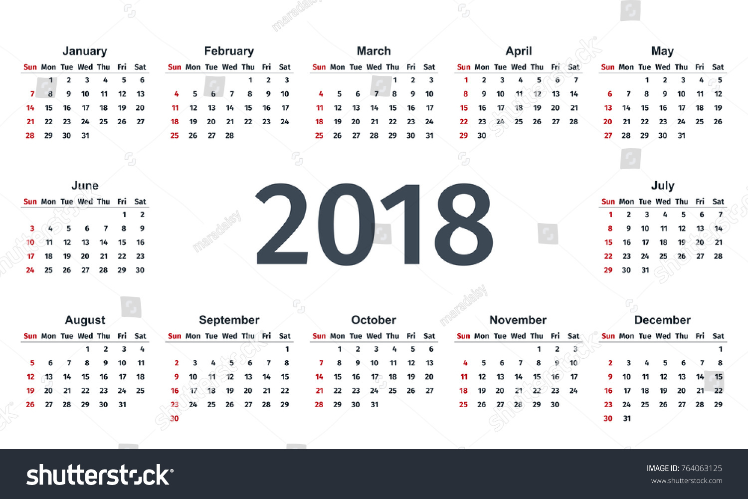 2018 Calendar Week Starts Sunday Vector Stock Vector (Royalty Free ...