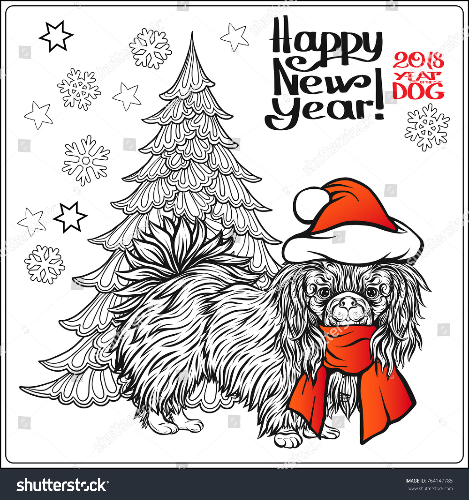 Coloring Page Pekingese Dog Red Santa Stock Vector (royalty Free 