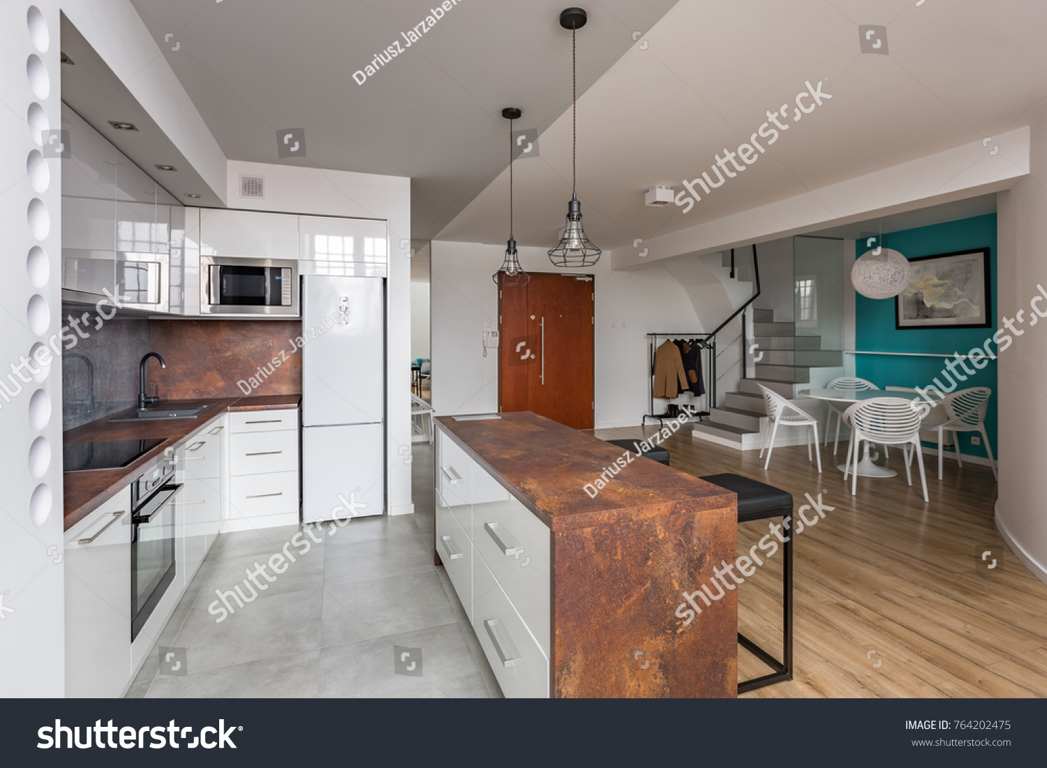 Modern Kitchen Open Kitchen Island Dining Stock Photo 764202475   Stock Photo Modern Kitchen With Open Kitchen With Island Dining Table And Staircase 764202475 