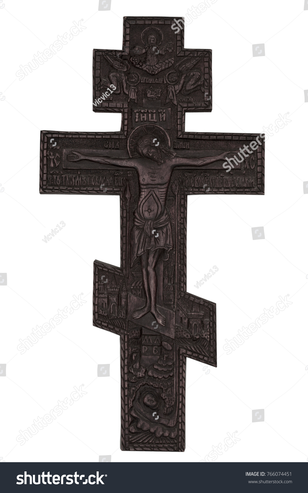 Jesus Crucifixion Carving On White Background Stock Photo 766074451