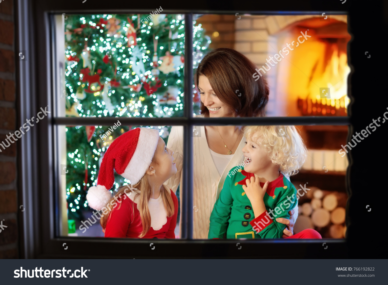 Family Kids Christmas Tree Fireplace Mother Stock Photo 766192822 ...