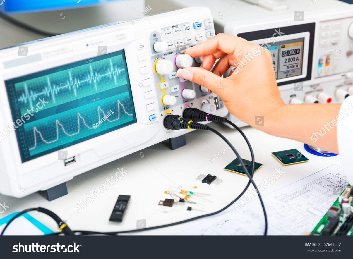 Digital Oscilloscope Used By Experienced Electronic Stock Photo