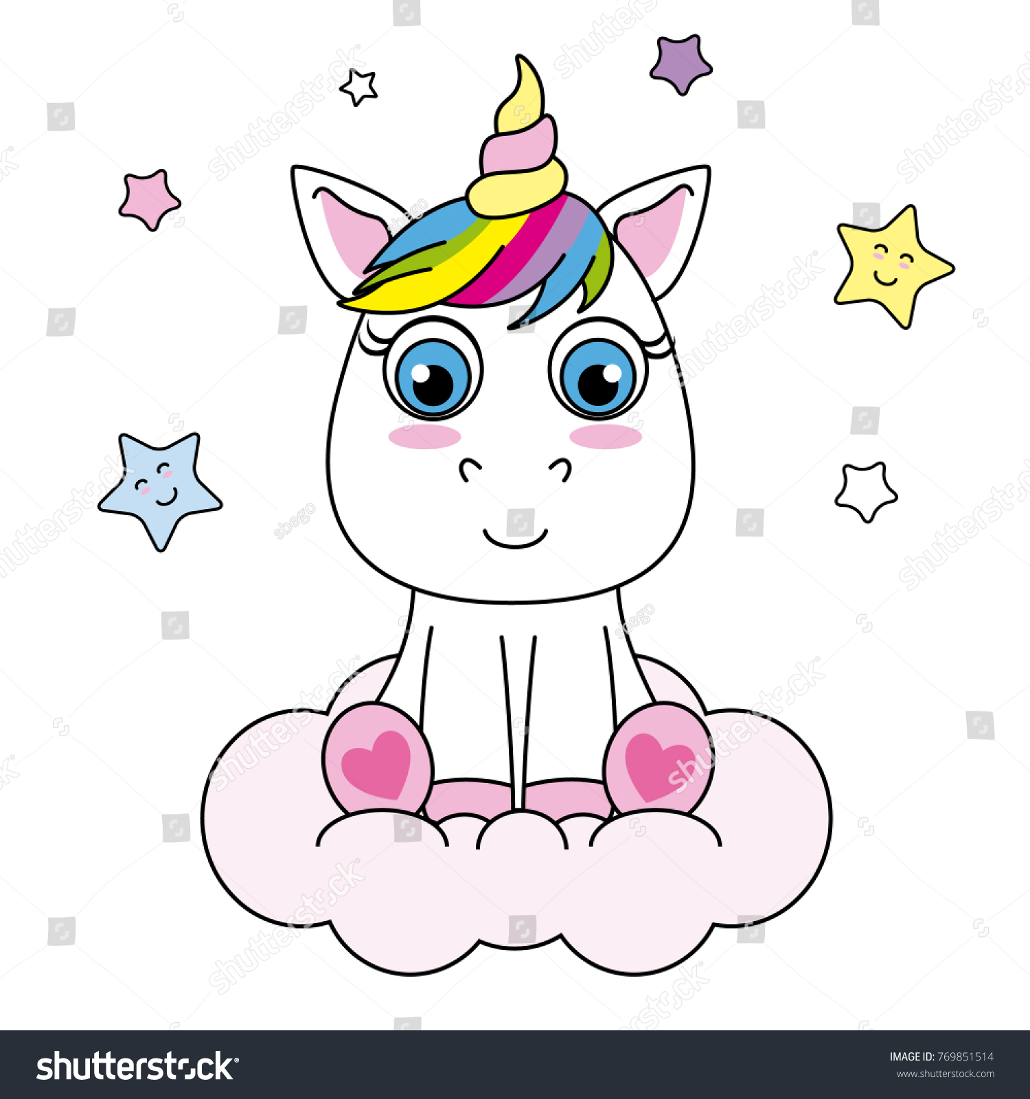 Cute Cartoon Unicorn Sitting On Cloud Stock Vector (Royalty Free ...