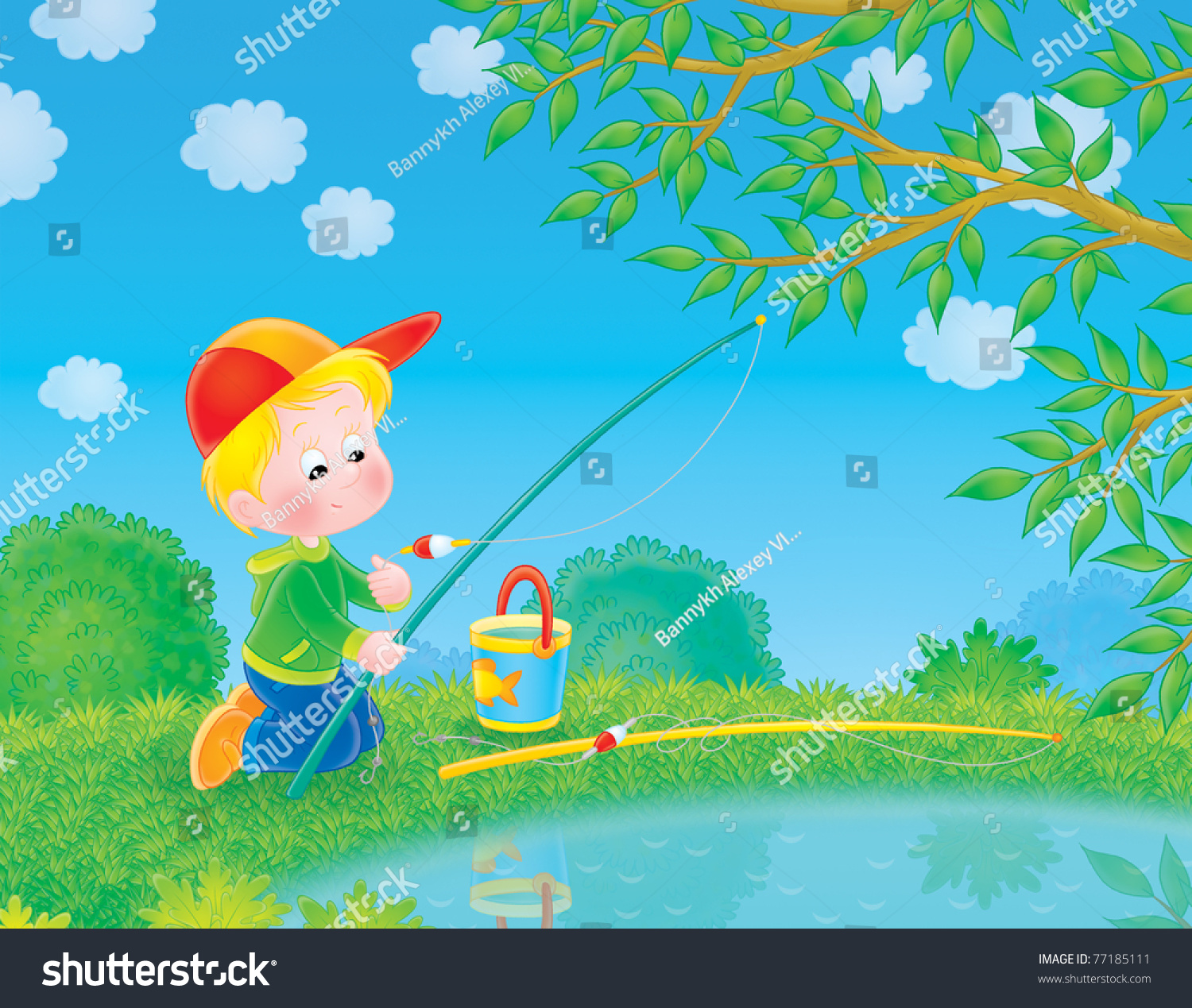 Детский рисунок ловить рыбку в пруду