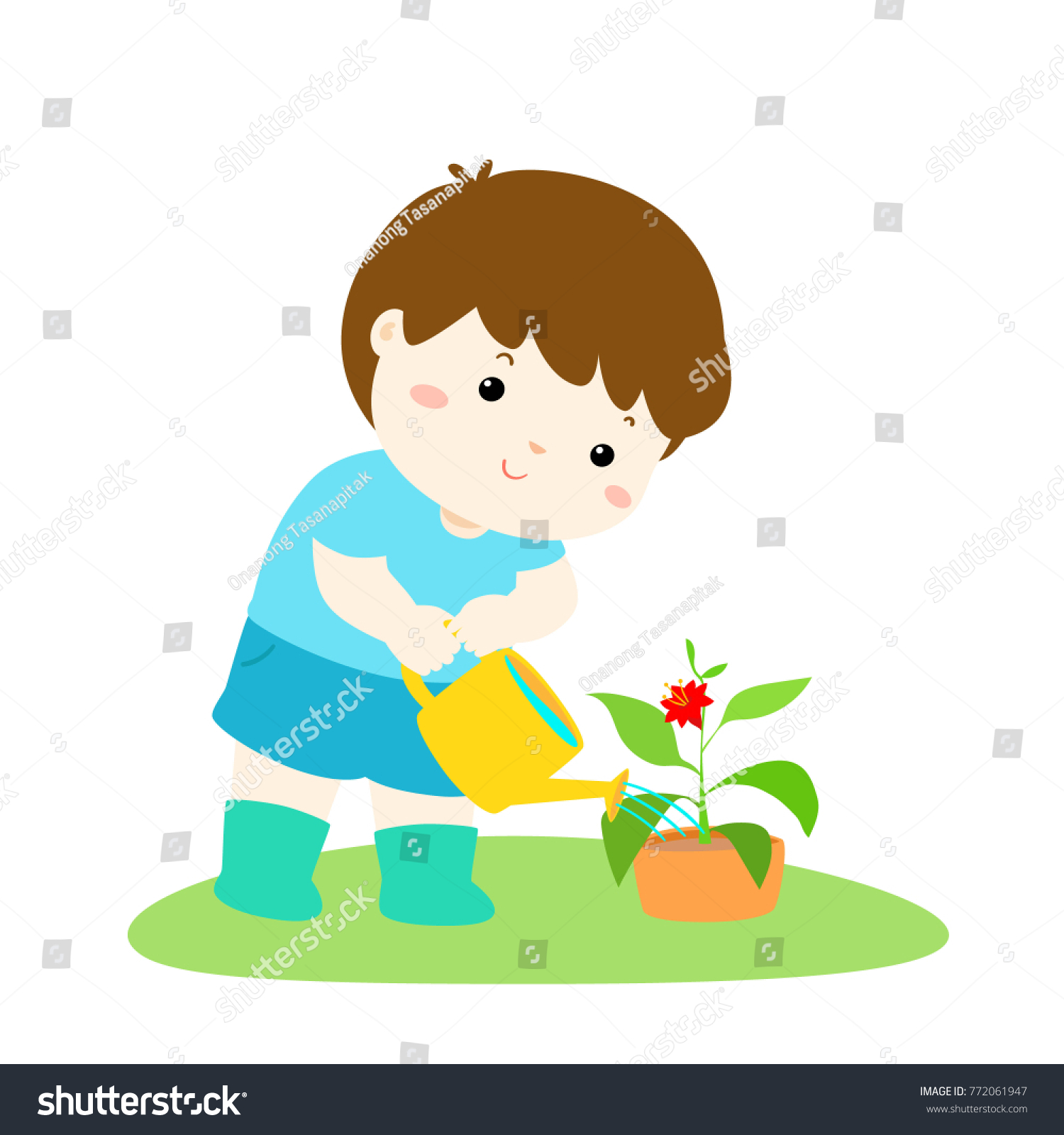 Cute Cartoon Boy Watering Plant Vector Stock Vector (Royalty Free ...