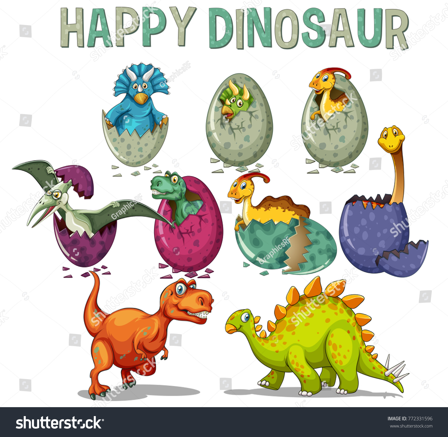 Happy Dinosaur Dinosaurs Hatching Eggs Illustration Stock Vector