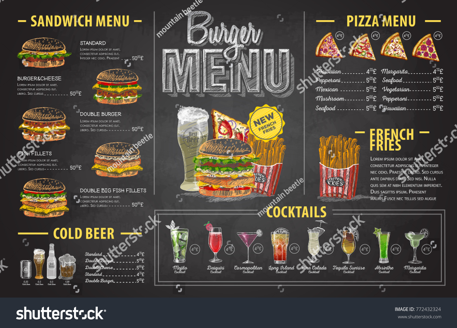 Vintage Chalk Drawing Burger Menu Design Stock Vector (Royalty Free ...