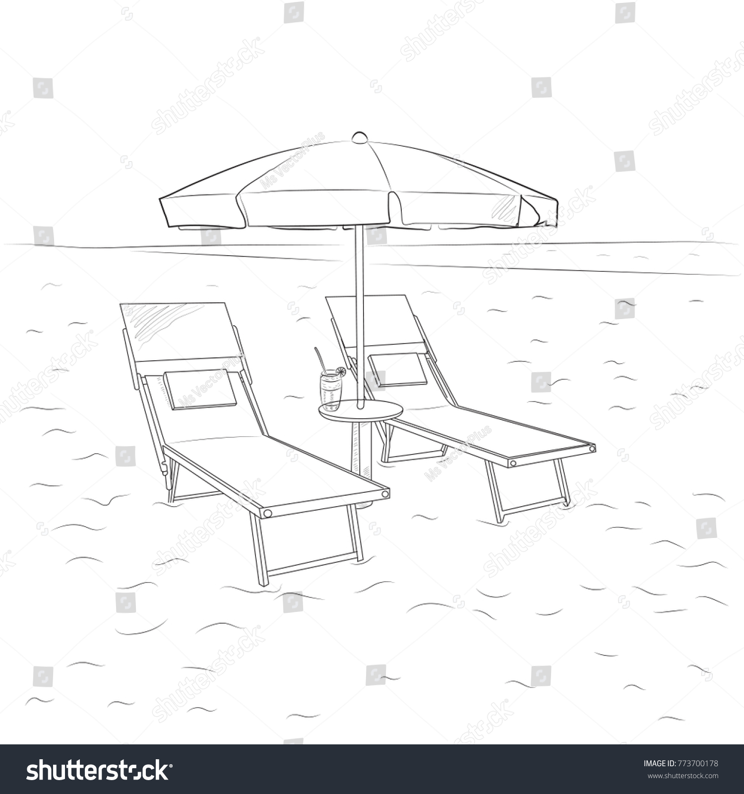 Sketch Chaise Lounges Umbrella On Beach Stock Vector (Royalty Free ...