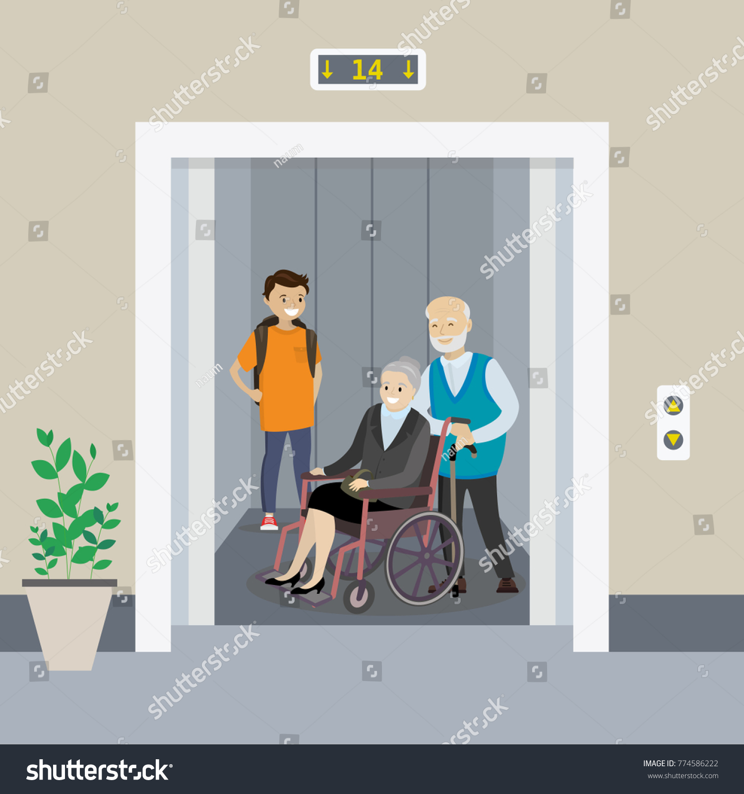 Cartoon Teenager Couple Old People Elevatorflat Stock Vector (royalty 