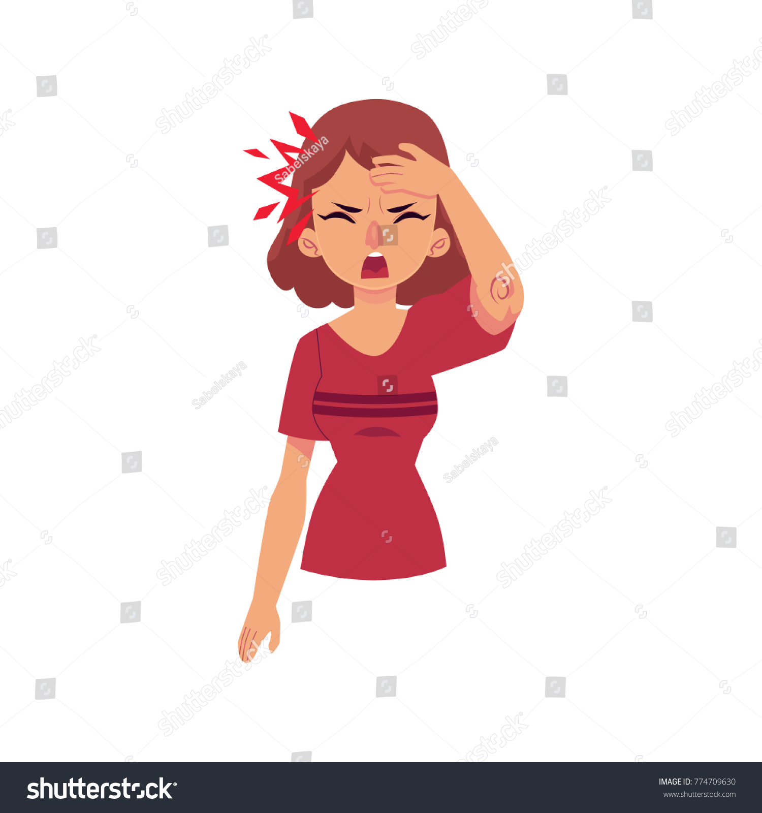 Woman Having Headache Migraine Pressing Hand Stock Vector (Royalty Free ...