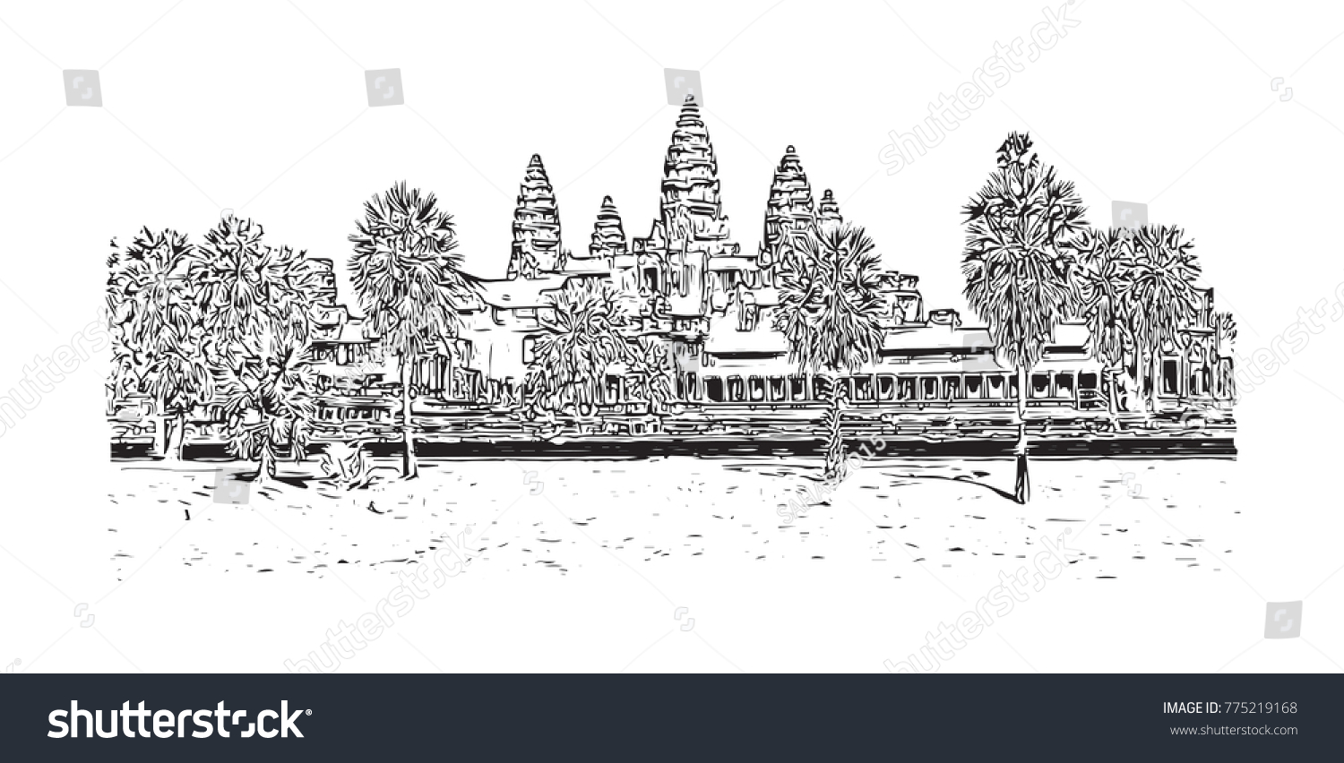 Angkor Wat Temple Cambodia Hand Drawn Stock Vector (Royalty Free ...