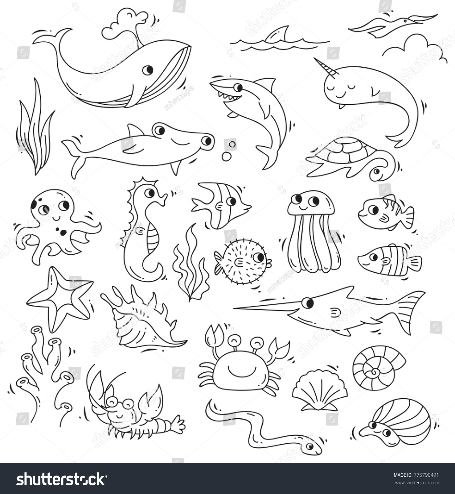 Set Sea Animal Doodle Stock Vector (Royalty Free) 775790491 | Shutterstock