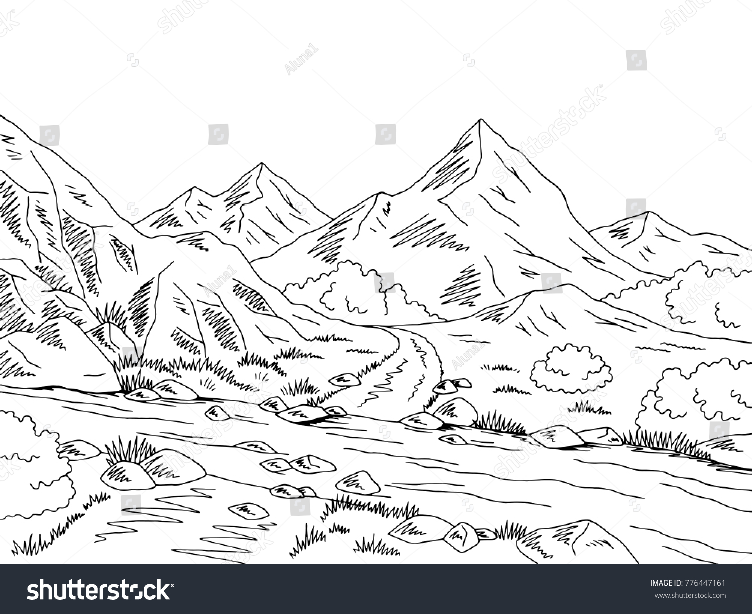 Mountain Road Graphic Black White River Stock Vector (Royalty Free ...