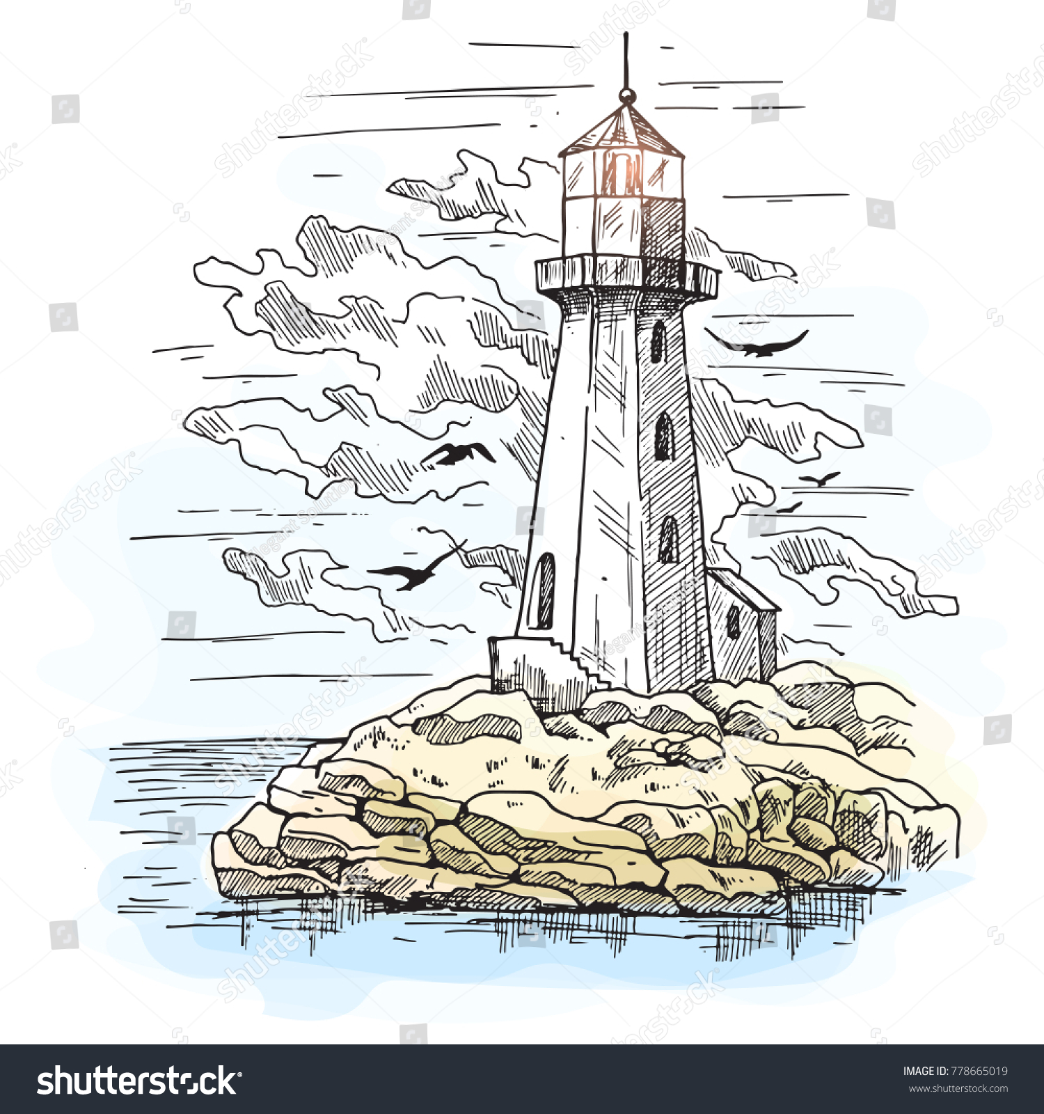 Lighthouse On Island Rocks Cloudy Sky Stock Vector (Royalty Free ...