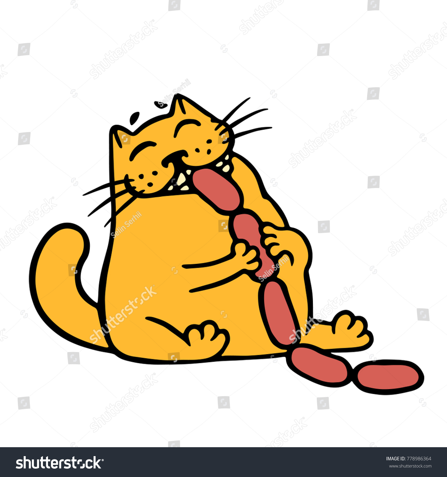 Кот ест сосиску