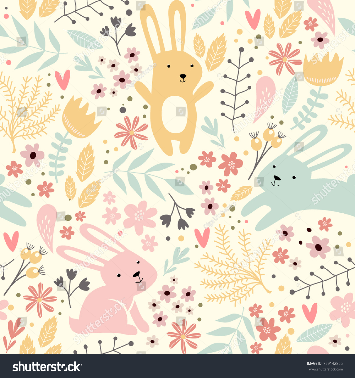 Vector Seamless Spring Pattern Rabbits Plants Stock Vector (Royalty ...