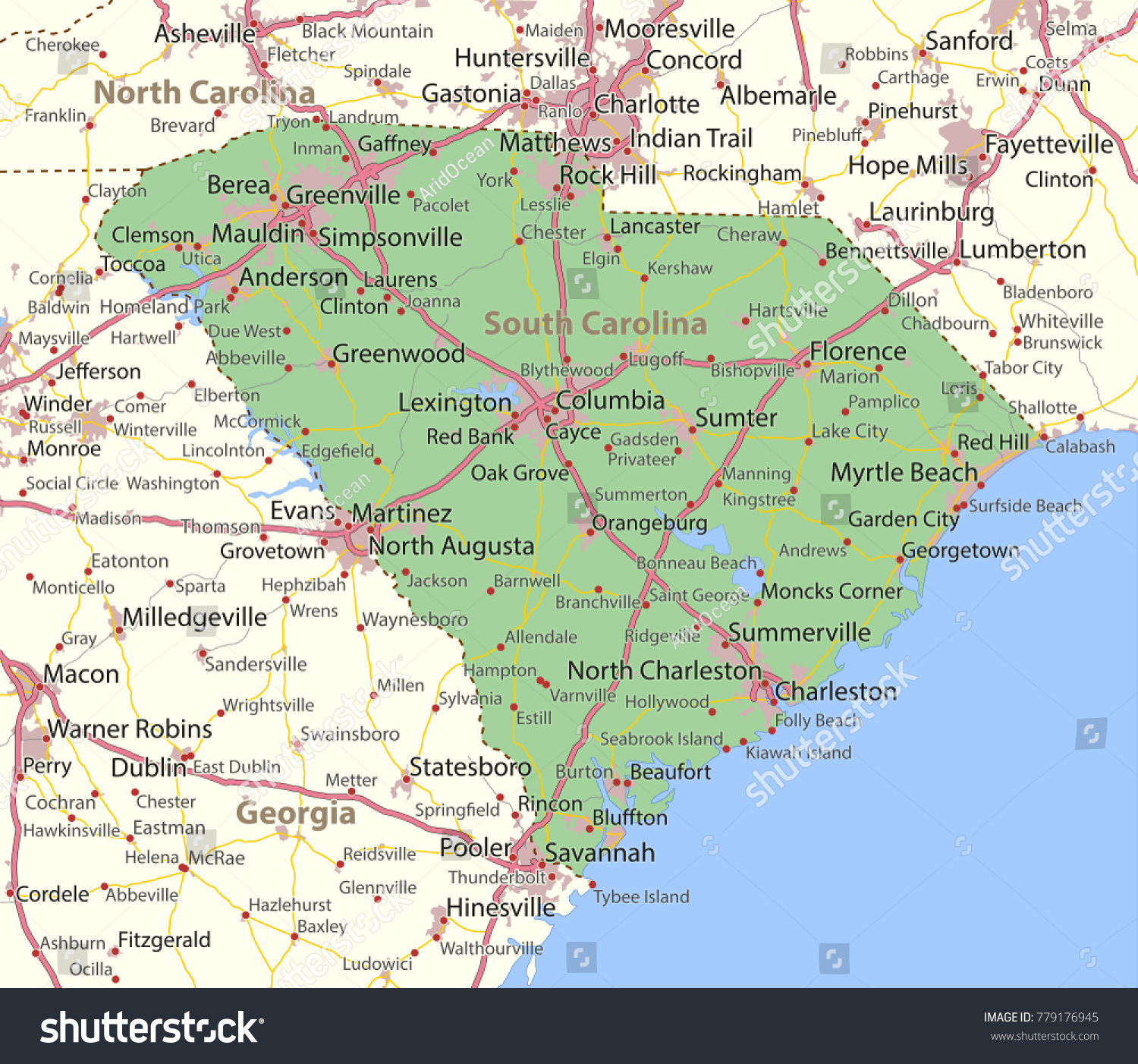 South Carolina Map Shows State Borders Stock Vector (Royalty Free ...