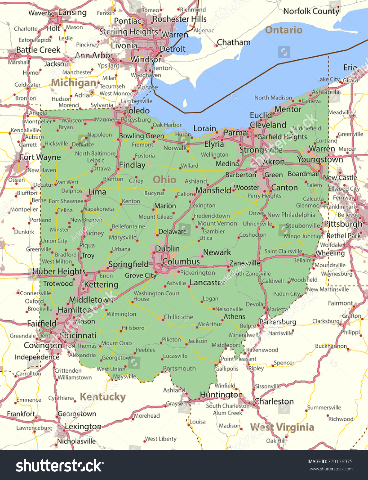Ohio Map Shows State Borders Urban Stock Vector (Royalty Free ...