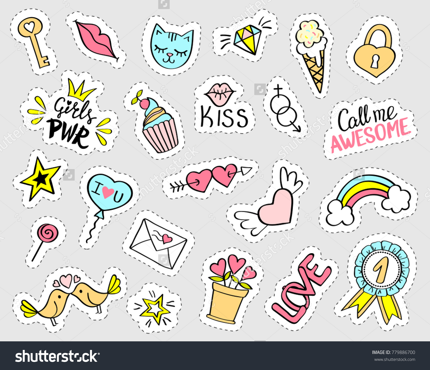 Fashion Girly Stickers Set Collection Of Hand Drawn Fancy Doodle Pins