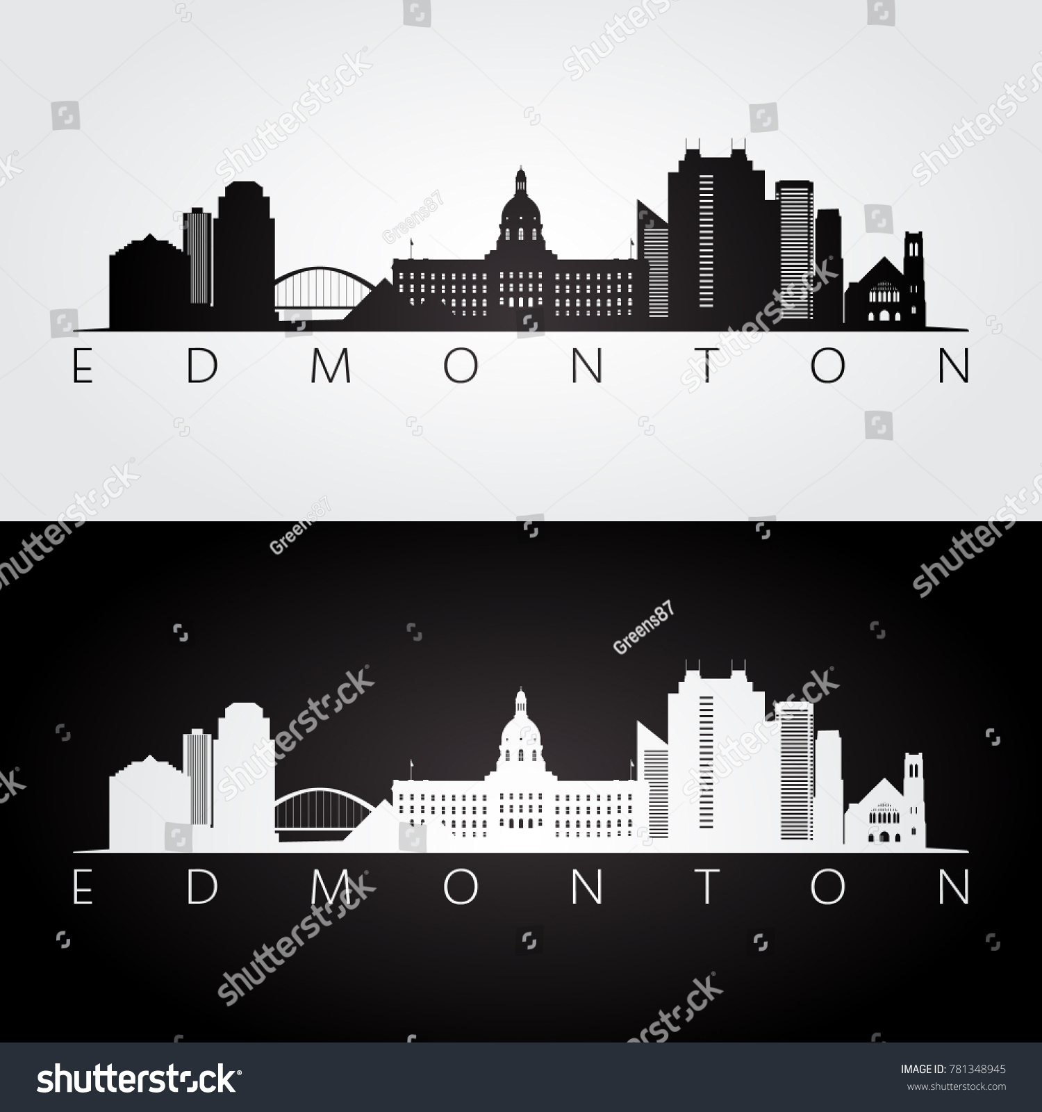 Edmonton Skyline Landmarks Silhouette Black White Stock Vector (Royalty ...