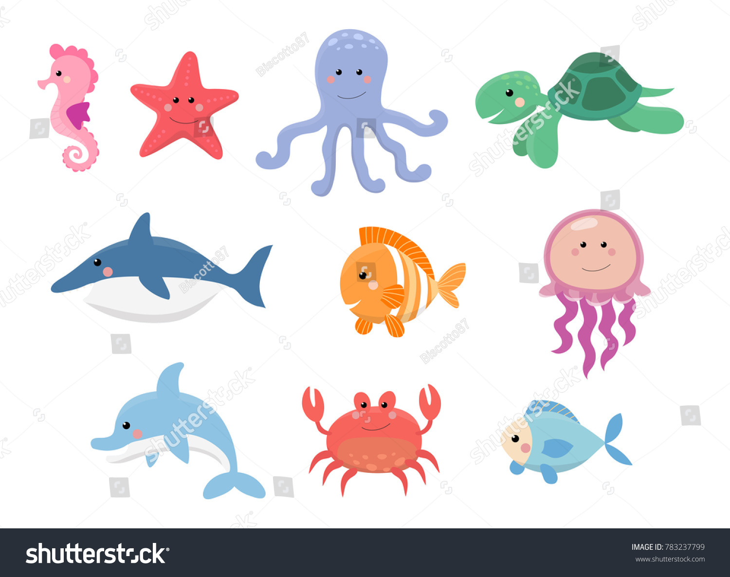 Sea Life Marine Animals Set Flat Stock Vector (Royalty Free) 783237799 ...