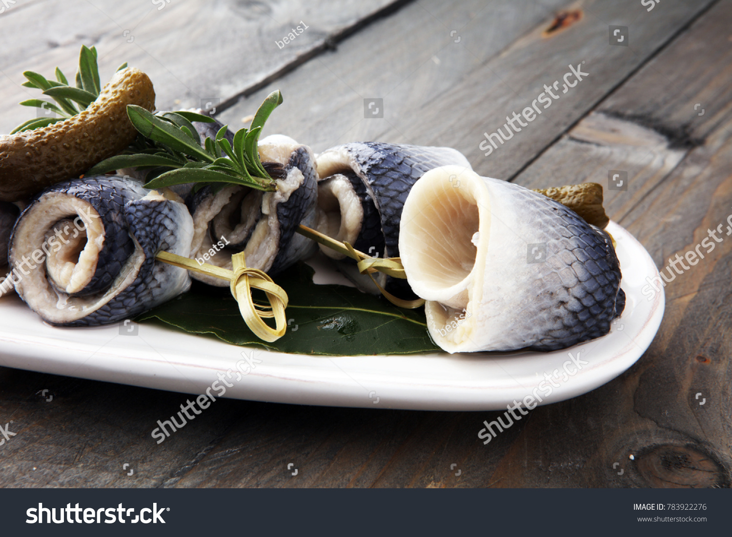 Traditional Rollmops Stuffed Pickled Herring Filletson Stock Photo ...