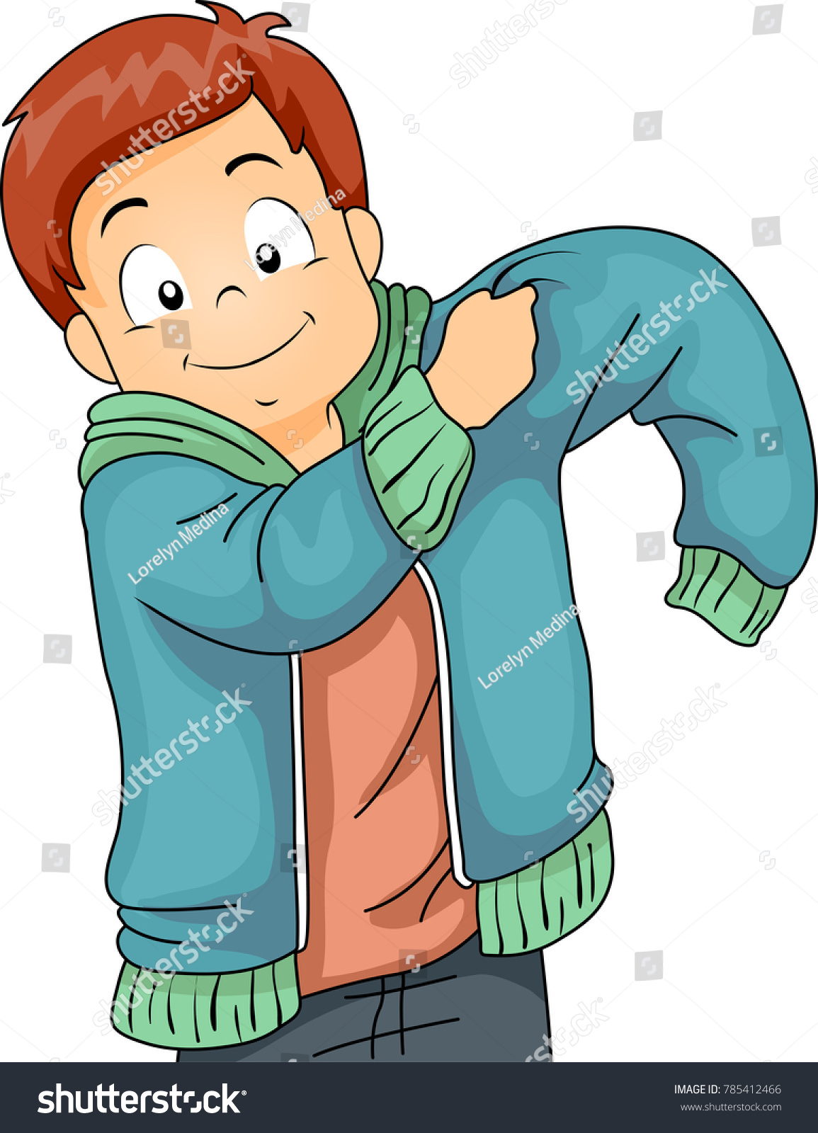 Illustration Kid Boy Putting On Jacket: стоковая векторная г