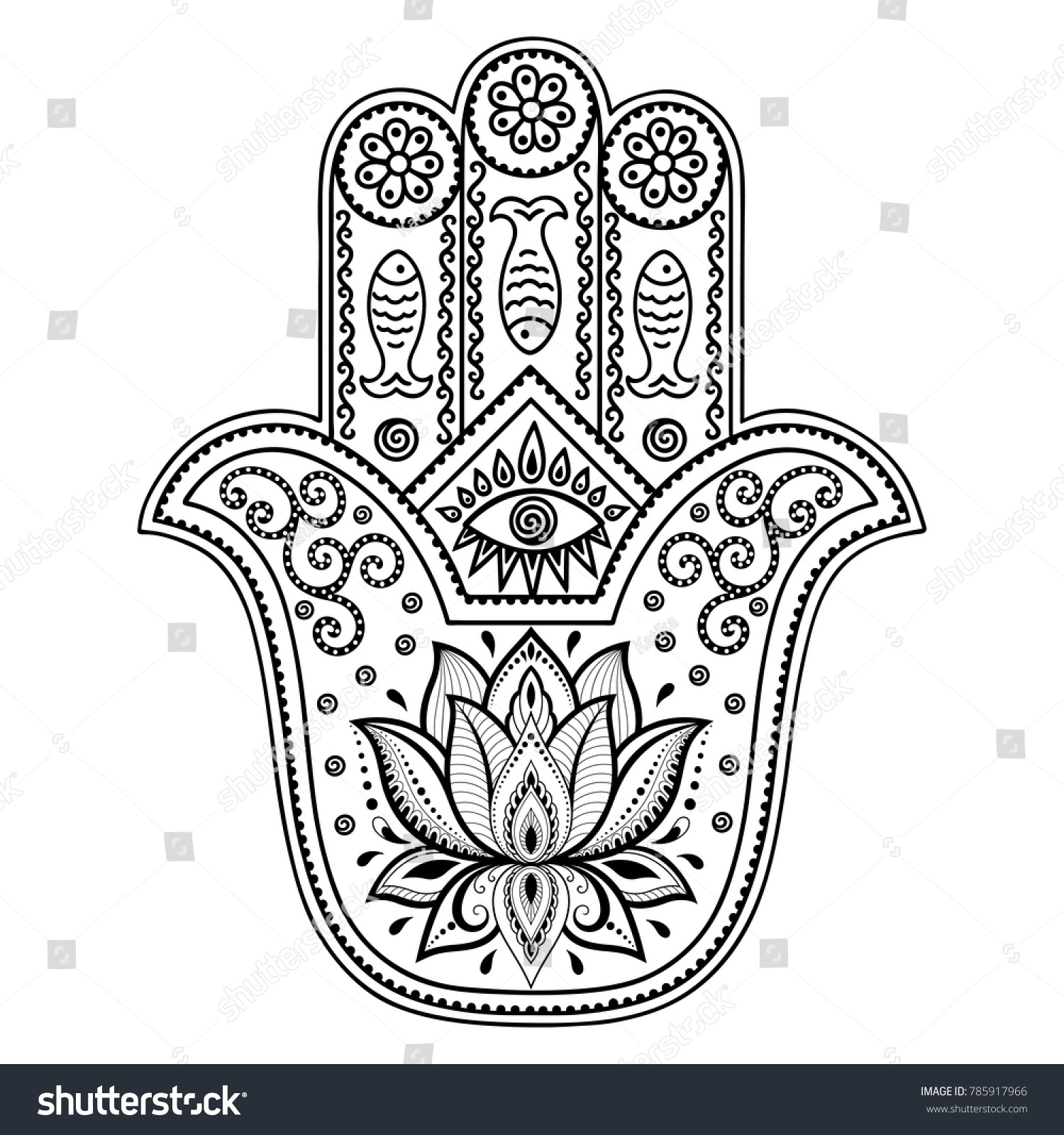 Hamsa Hand Drawn Symbol Lotus Decorative Stock Vector (Royalty Free ...