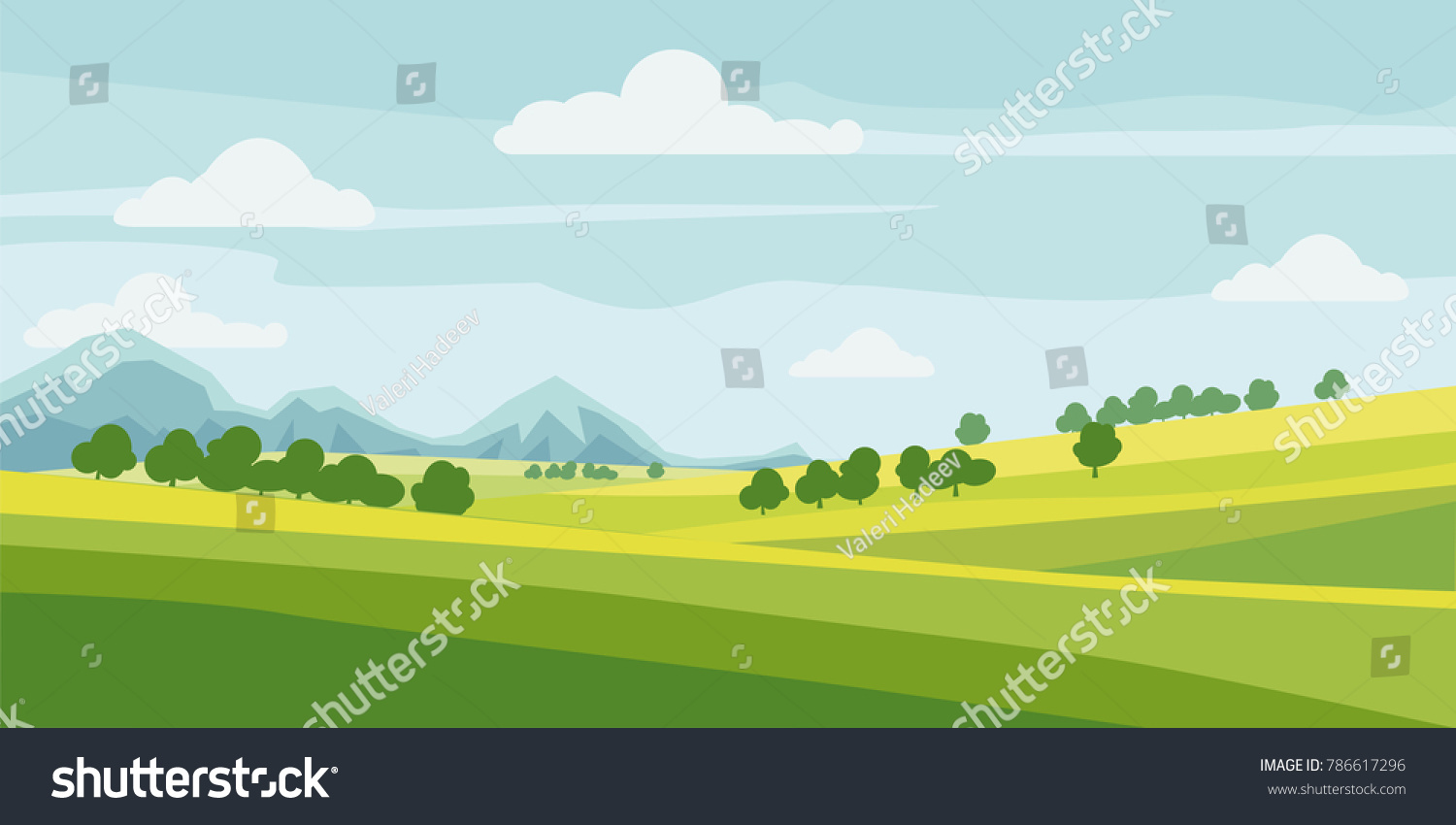 Cute Rural Landscape Tree Field Mountains Stock Vector (Royalty Free ...