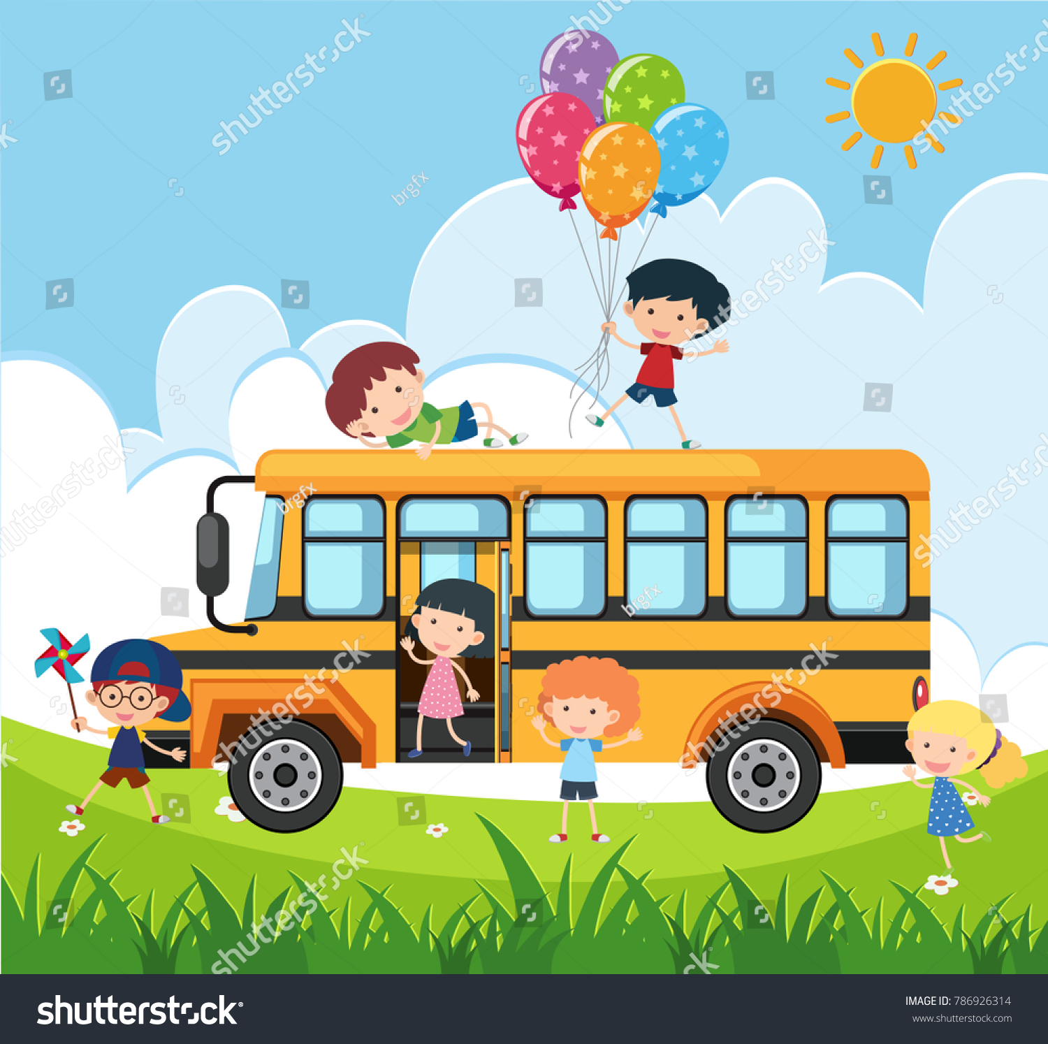 Happy Children On School Bus Illustration Stock Vector (Royalty Free ...