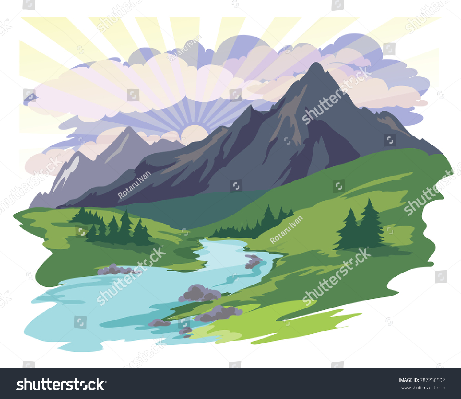 Landscape Sun Clouds Sky Grass Mountain Stock Vector (Royalty Free ...