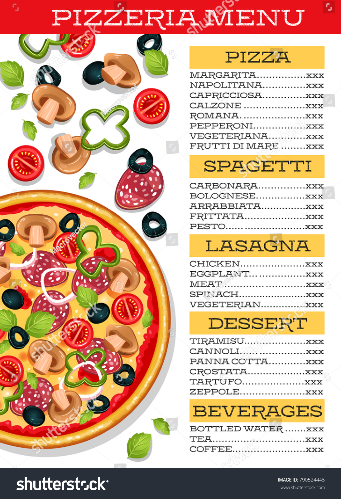 Pizzeria Restaurant Menu Template Pizza Vegetables Stock Vector