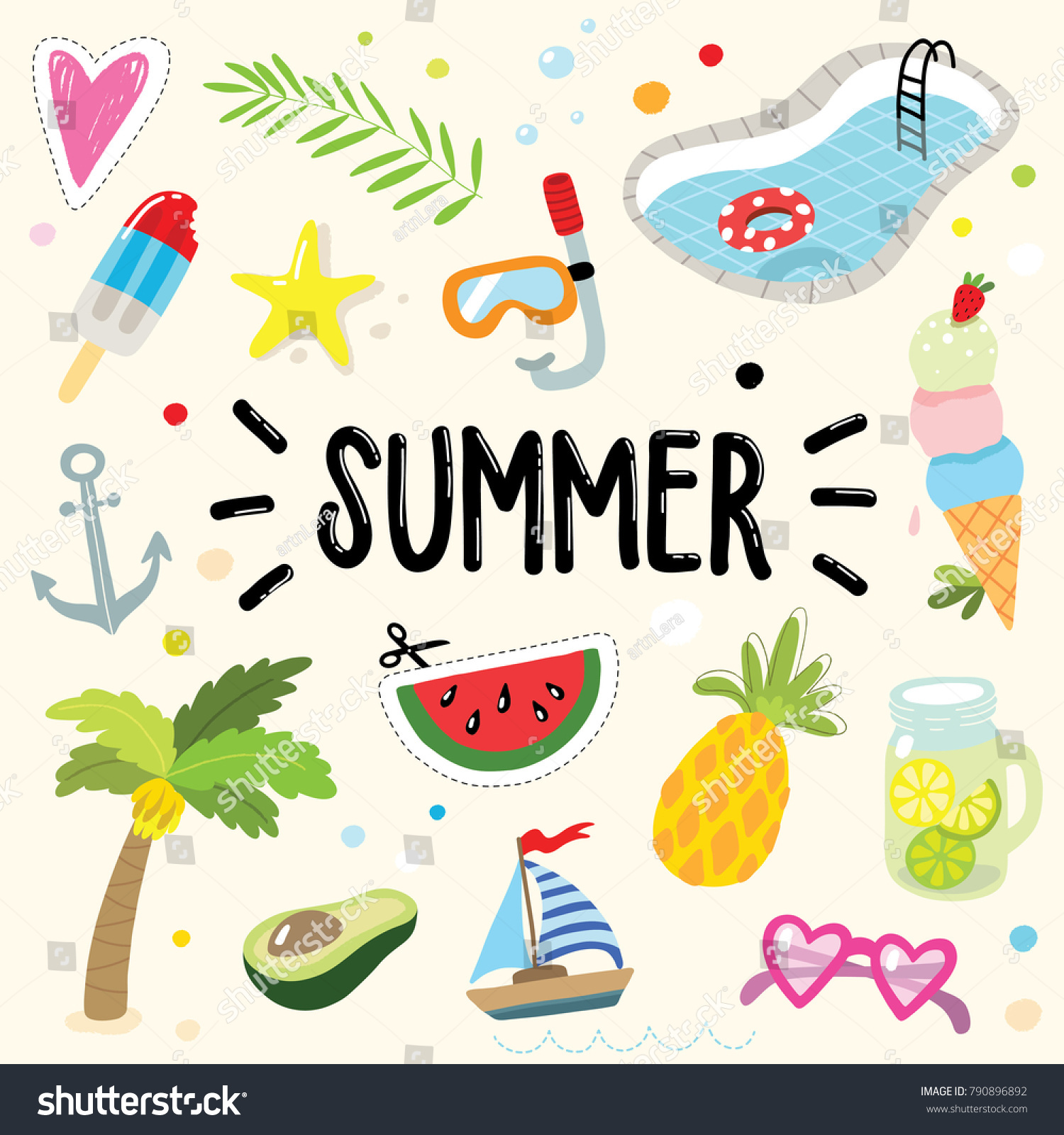 Hand Drawn Summer Sticker Doodles Stock Vector (Royalty Free) 790896892 ...