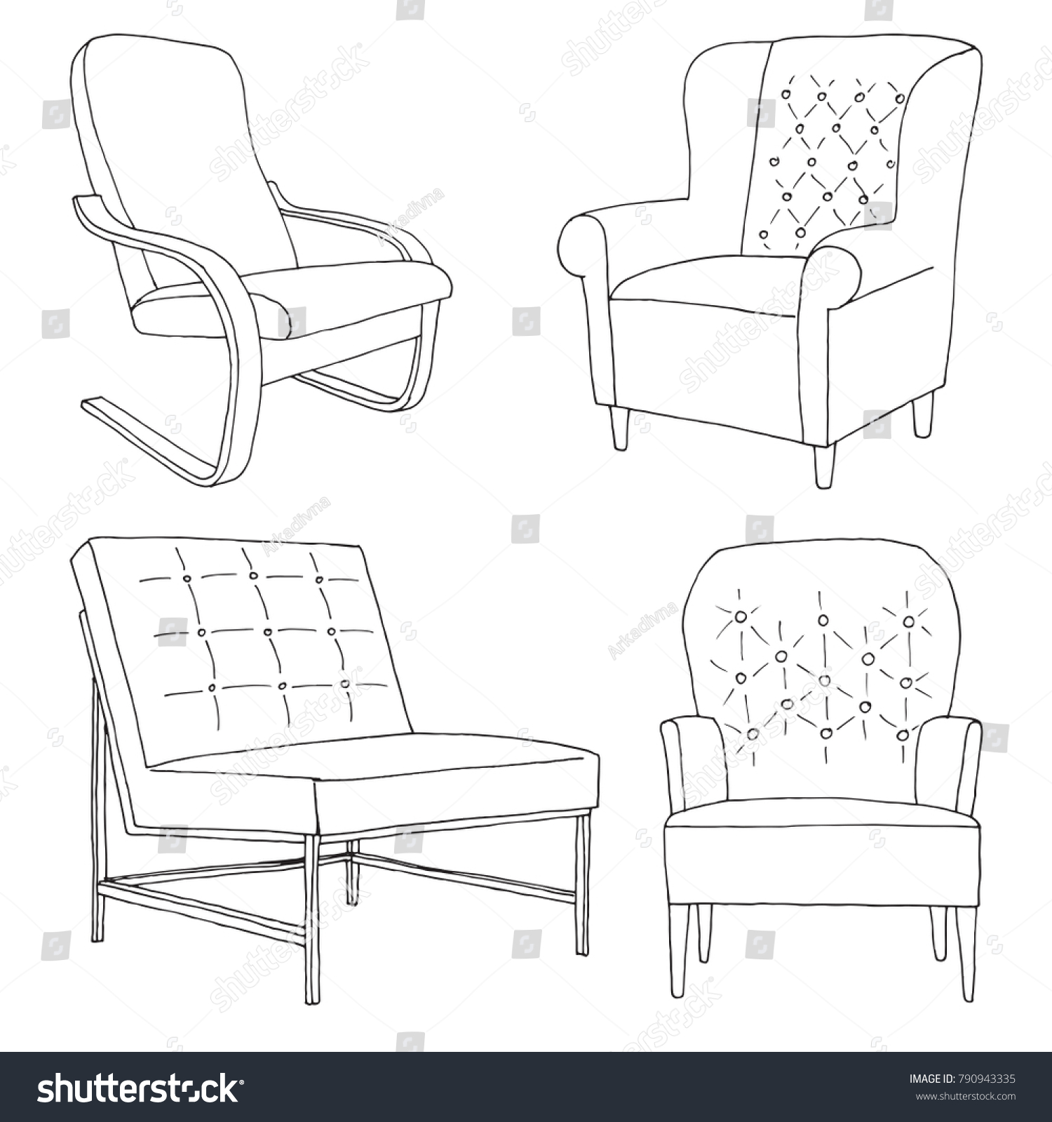 Set Different Soft Armchairs Linear Sketch Stock Vector (Royalty Free ...